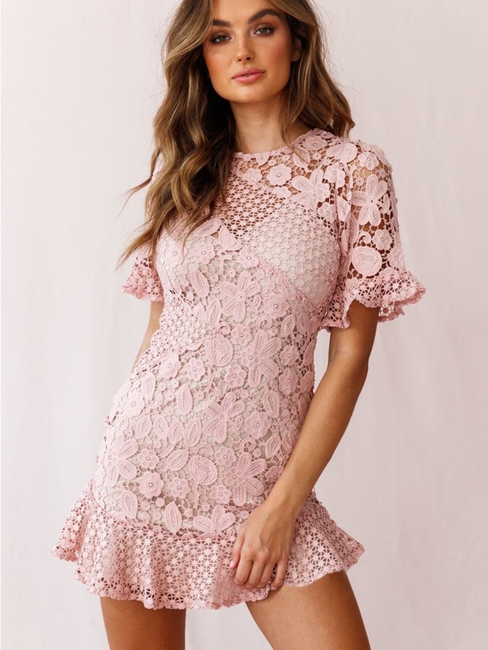 Pink Lace Ruffle-Hem Mini Dress